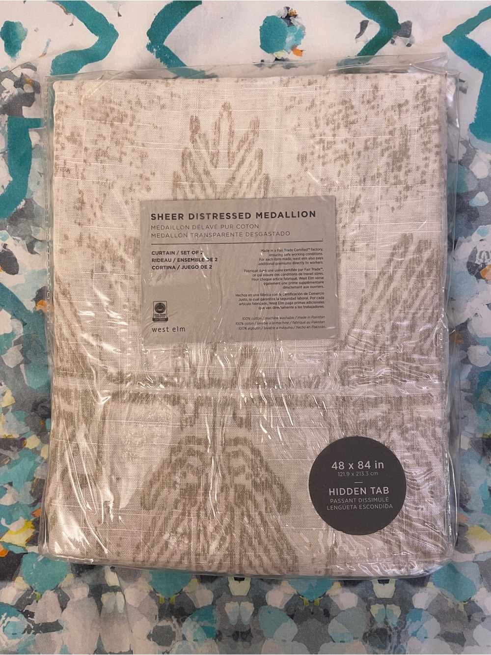 New West Elm Sheer light blue Medallion Curtain - Set of 2